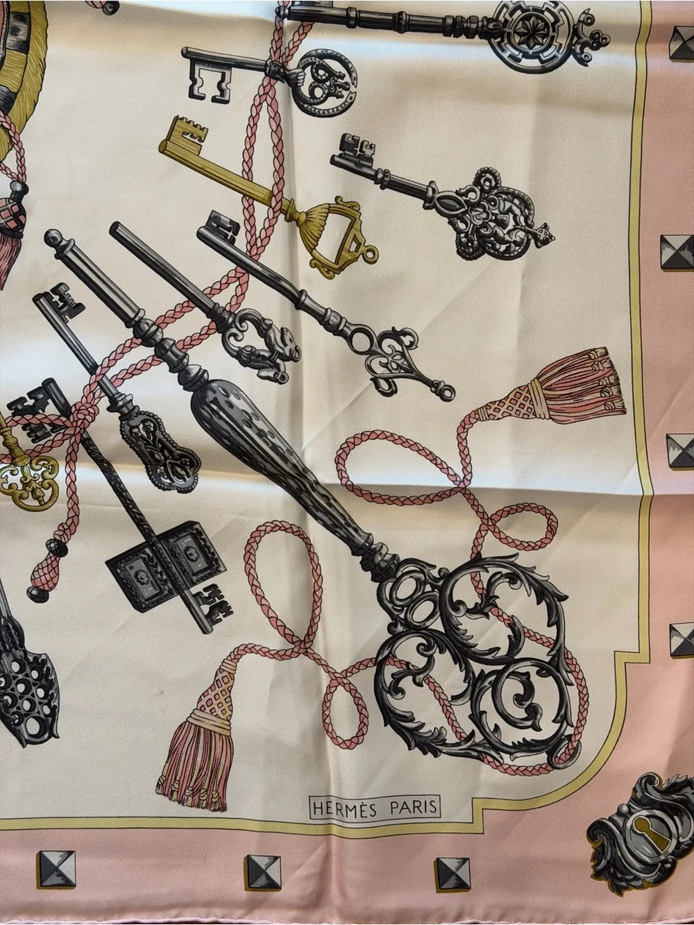 Hermes Pink and Cream Silk Key-Print Scarf